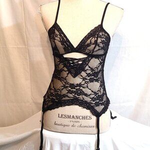 NWT Midnight Affair Corset Sexy Adult Lingerie Black Lace Thong Set Medium